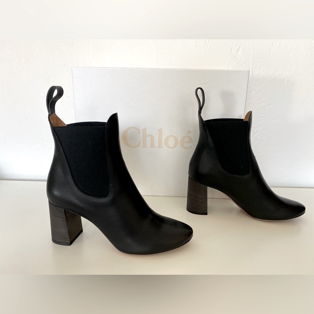 NIB CHLOE BLACK LEATHER CHELSEA STYLE ANKLE BOOTS SHOES BOOTIES SIZE 37.5 - Picture 6 of 10